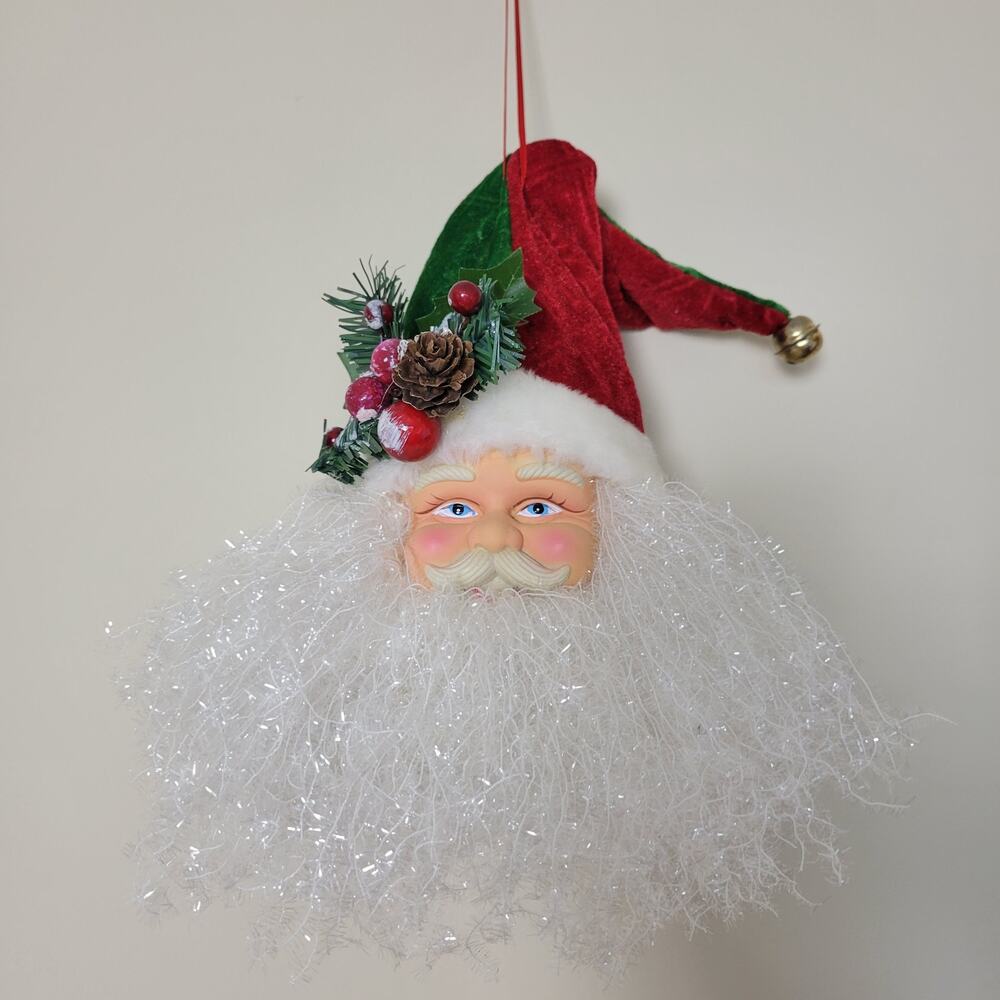 Vintage Lg Santa Face Ornament Velvet Cap Jingle Bell Greenery Door Wall Tree